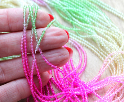 2mm Round Faceted Glass Beads ~ Green, Fuchsia and Gold Mix ~ approx. 180 beads / string