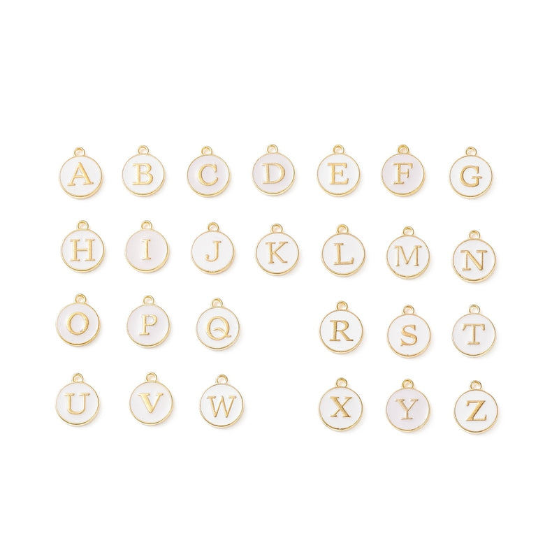 12x14mm Gold Plated White Enamel A-Z Alphabet Letter Charms ~ 26pcs/set