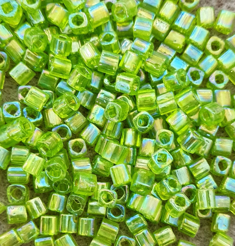 TOHO 4mm Cube Beads ~ 10g ~ Trans-Rainbow Lime Green