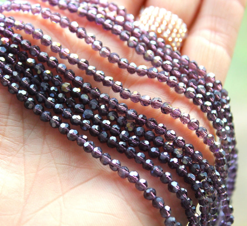 3mm Round Faceted Crystal Glass Beads ~ Electroplated Dark Amethyst ~ approx. 100 beads/string