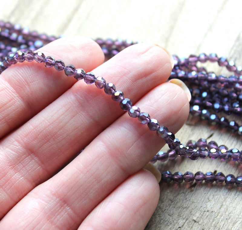 3mm Round Faceted Crystal Glass Beads ~ Electroplated Dark Amethyst ~ approx. 100 beads/string