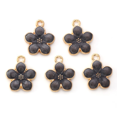 17x14mm Gold Plated Black Enamel Flower Charms ~ Pack of 2