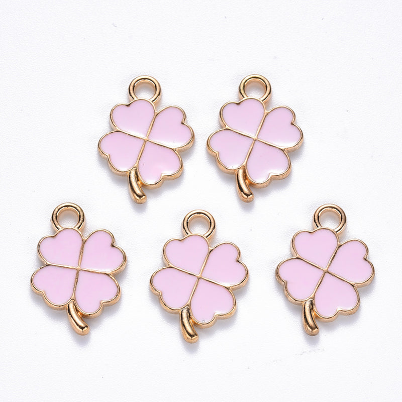 18x12mm Gold Plated Lt. Pink Enamel Four Leaf Clover Charms ~ Pack of 2