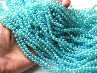 1 Strand of 6mm Glass Pearl Beads ~ Aquamarine ~ approx. 140 beads