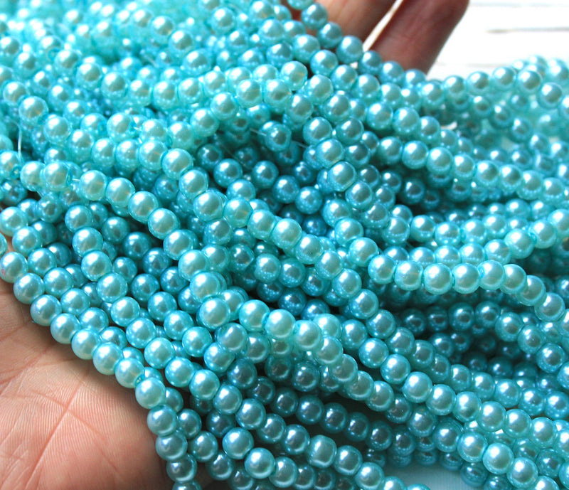 1 Strand of 6mm Glass Pearl Beads ~ Aquamarine ~ approx. 140 beads
