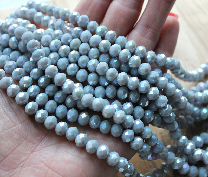 1 Strand of 8x6mm Faceted Crystal Glass Rondelle Beads ~ Opaque Lustred Grey ~ approx. 65 beads
