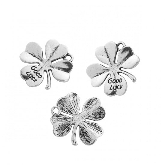 29x27mm Antique Silver Plated "Good Luck"  Four Leaf Clover Pendant
