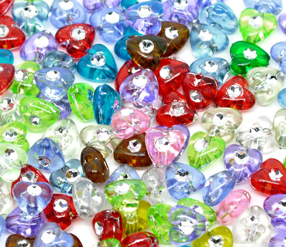 8mm Acrylic Heart Beads ~ Mixed Colours with Silver Dot ~ pack of 50