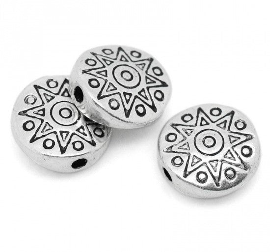 10mm Antique Silver Plated Flat Round Sun Beads ~ Pack of 2