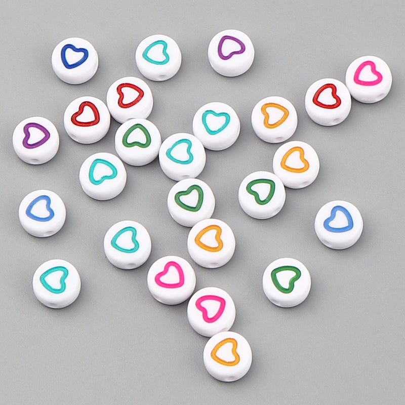 7x3.5mm White Acrylic Beads ~ Mixed Colour Hearts ~ 30 beads
