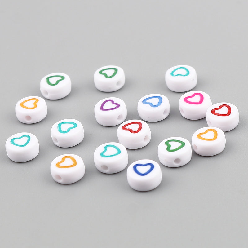 7x3.5mm White Acrylic Beads ~ Mixed Colour Hearts ~ 30 beads