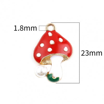 23x16mm Gold Plated Red and White Enamel Mushroom Charm with Faux Pearl