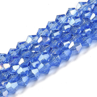 4mm Electroplated Crystal Glass Bicones ~ Blue AB ~ approx. 87 beads/string