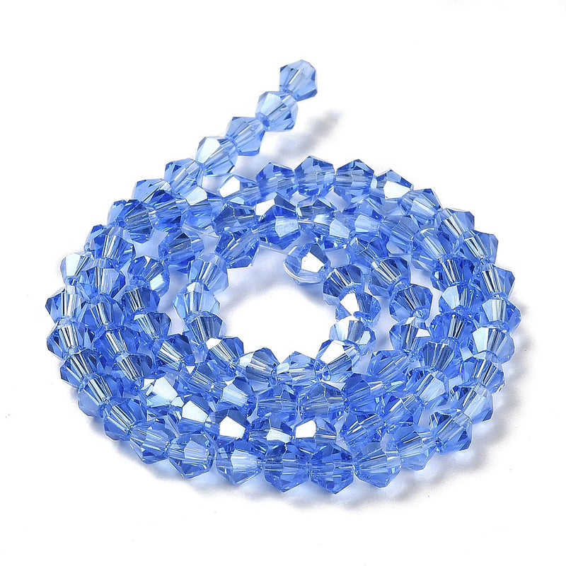 4mm Electroplated Crystal Glass Bicones ~ Blue AB ~ approx. 87 beads/string