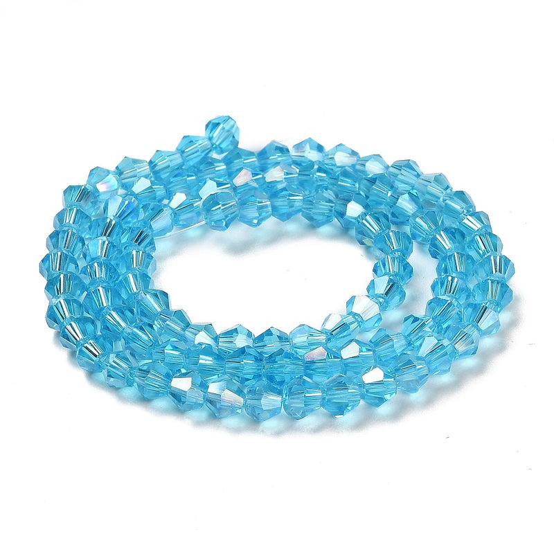4mm Electroplated Crystal Glass Bicones ~ Light Blue AB ~ approx. 87 beads/string