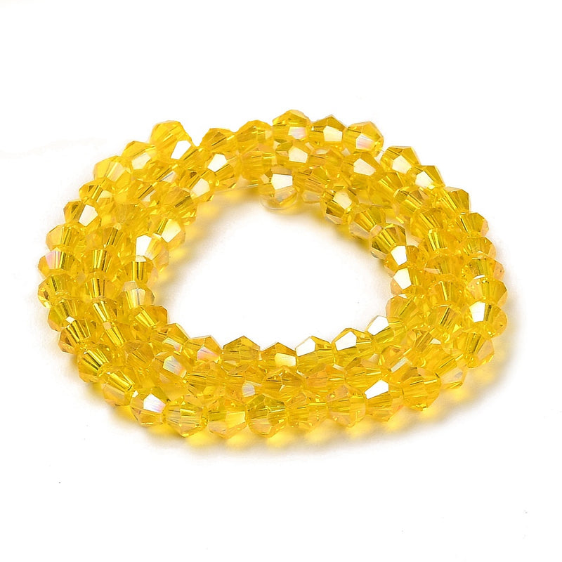 4mm Electroplated Crystal Glass Bicones ~ Yellow AB ~ approx. 87 beads/string