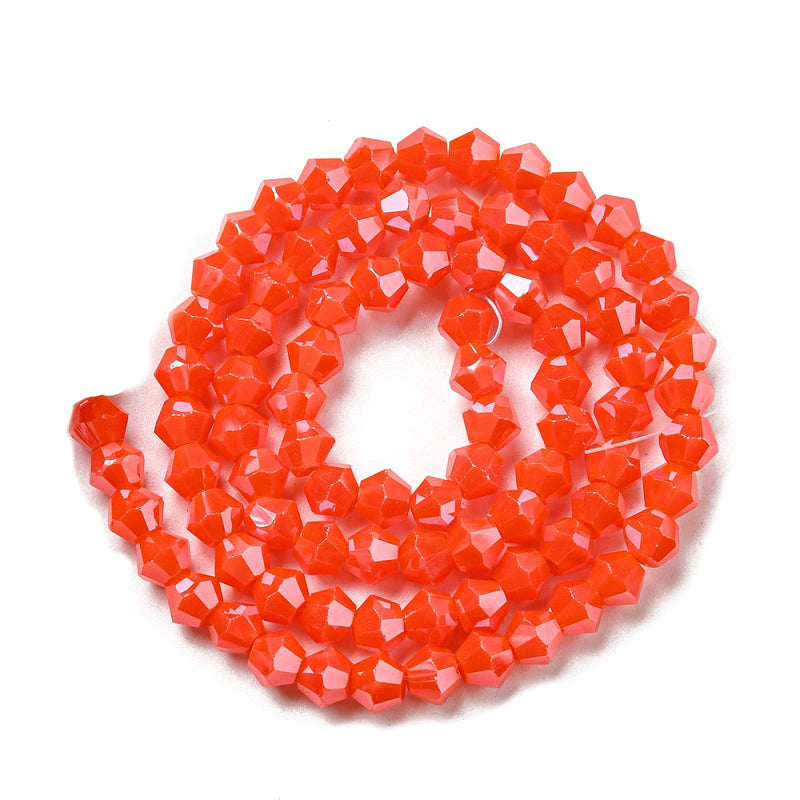 4mm Glass Bicones ~ Opaque Lustred Coral Red ~ approx. 87 beads/string