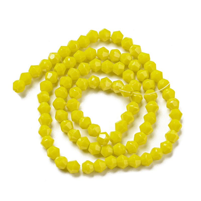 4mm Glass Bicones ~ Opaque Lustred Yellow ~ approx. 87 beads/string