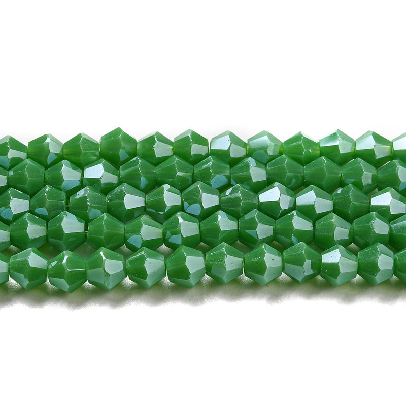 4mm Glass Bicones ~ Opaque Lustred Green ~ approx. 87 beads/string