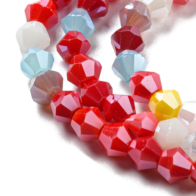 4mm Glass Bicones ~ Opaque Lustred Colours Mix ~ approx. 87 beads/string