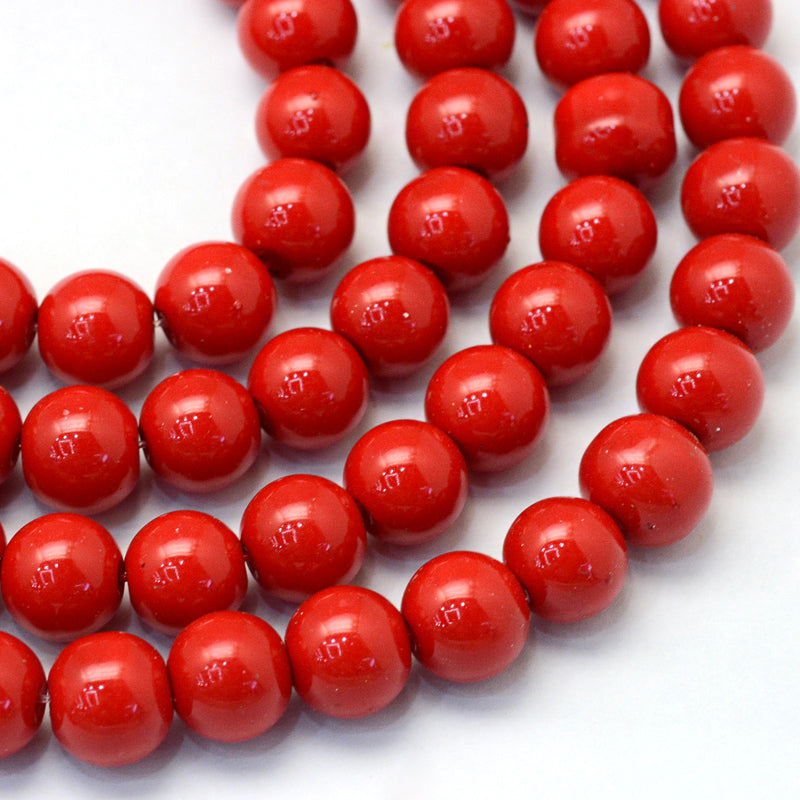 1 Strand of 8mm Round Glass Pearls ~ Red ~ approx. 105 beads