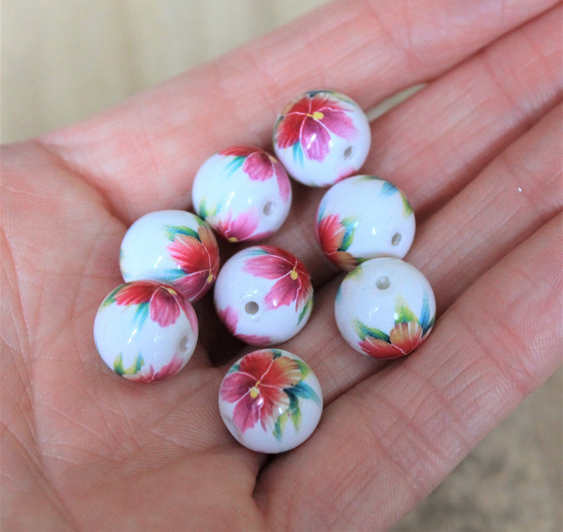 12mm Round Ceramic Bead ~ Pink Flower Pattern