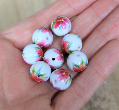 12mm Round Ceramic Bead ~ Pink Flower Pattern