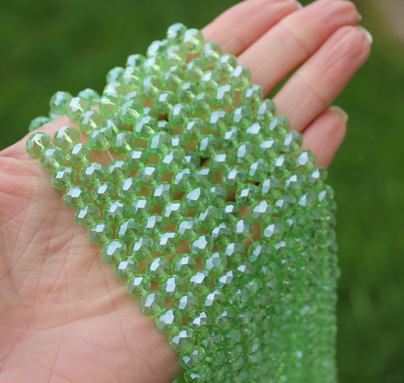 1 Strand of 8x6mm Faceted Glass Rondelle Beads ~ Lustred Lt. Green ~ approx. 72 beads