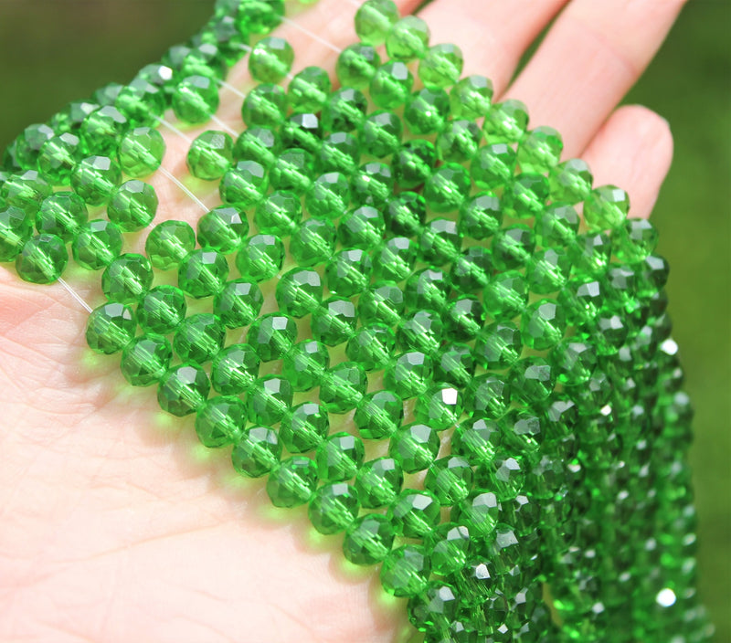 1 Strand of 8x6mm Faceted Glass Rondelle Beads ~ Transparent Green ~ approx. 68 beads