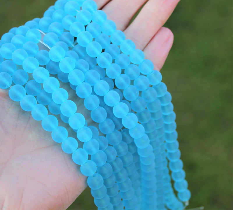 1 Strand of Frosted 8mm Round Glass Beads ~ Turquoise ~ approx. 42 beads