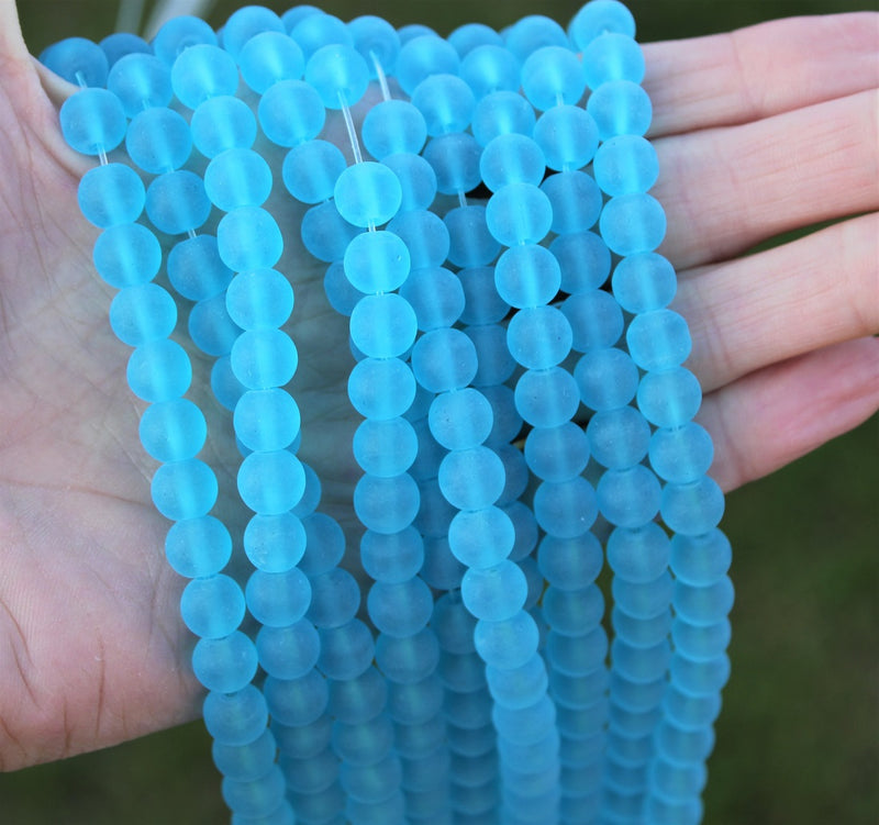 1 Strand of Frosted 8mm Round Glass Beads ~ Turquoise ~ approx. 42 beads