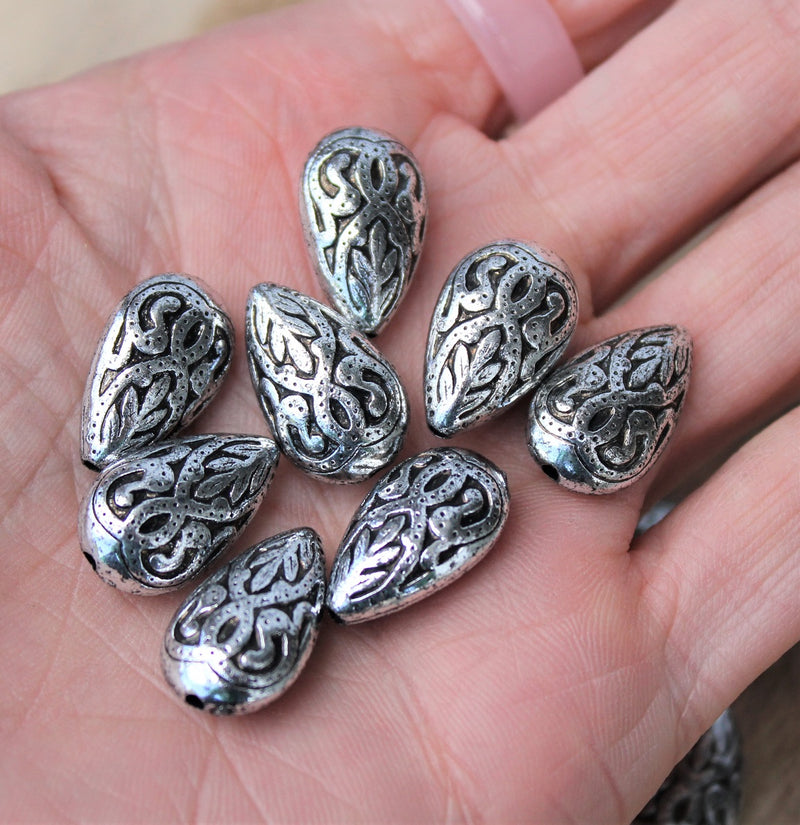 18x11mm Vintage Style Acrylic Teardrop Shape Beads ~ Antique Silver ~ Pack of 10