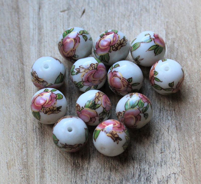12mm Round Ceramic Beads ~ Pink Flower ~  Pack of 3