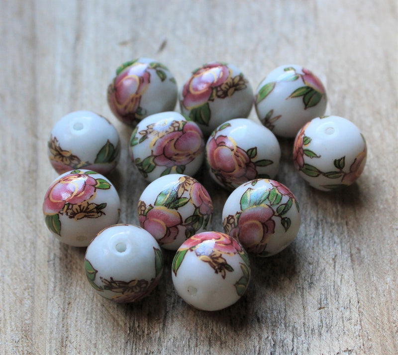 12mm Round Ceramic Beads ~ Pink Flower ~  Pack of 3