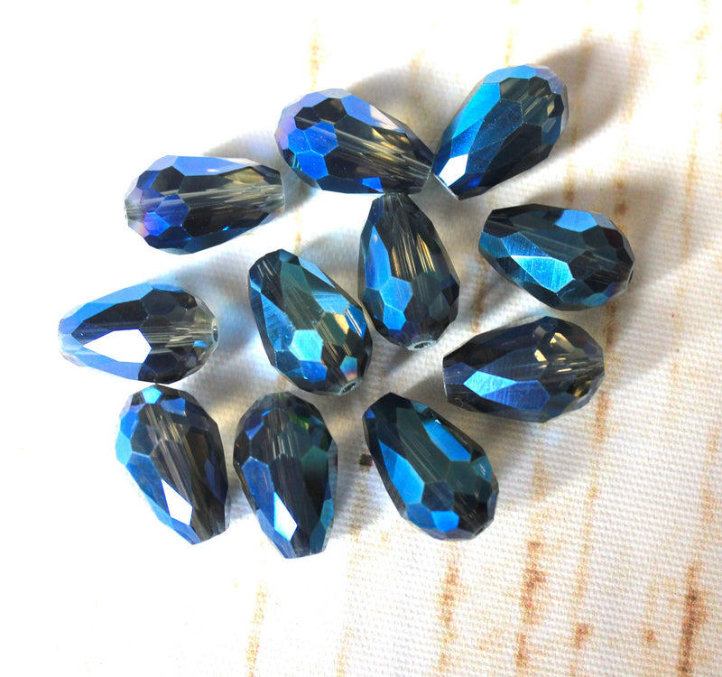 2 x Faceted Glass Drop Beads ~ 15x10mm ~ Electroplated Blue