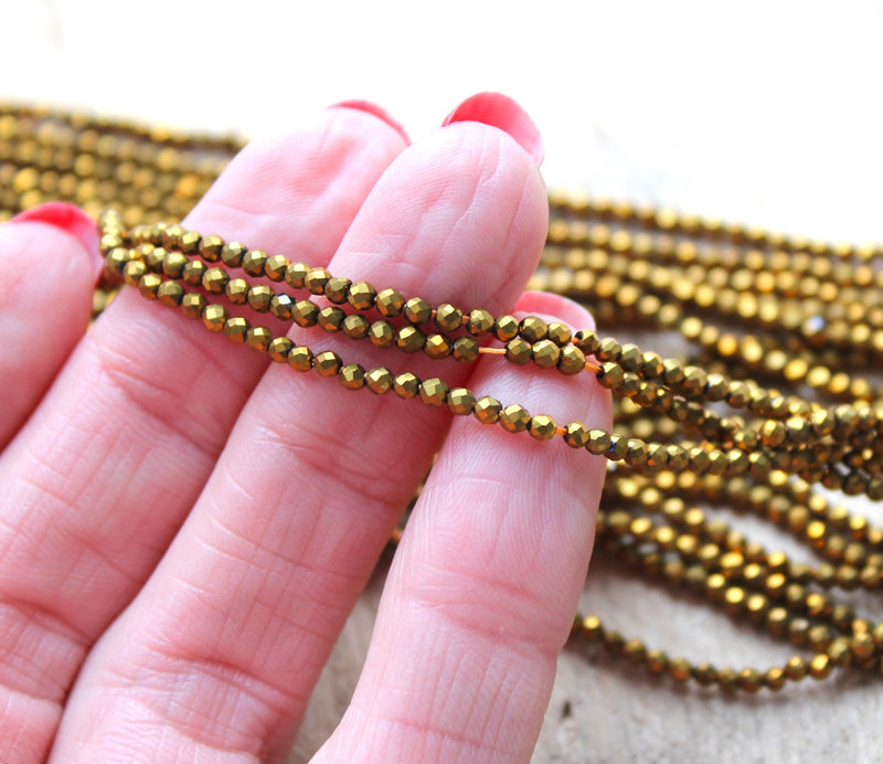 2mm Round Electroplated Faceted Glass Beads ~ Dark Gold ~ approx. 200 beads / string