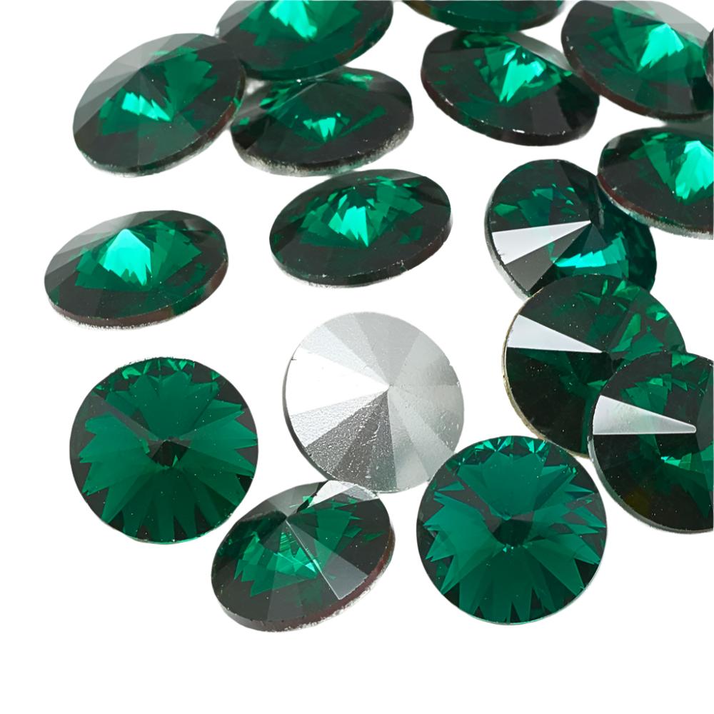 12mm Crystal Glass Foiled Rivoli Emerald Pack of 2
