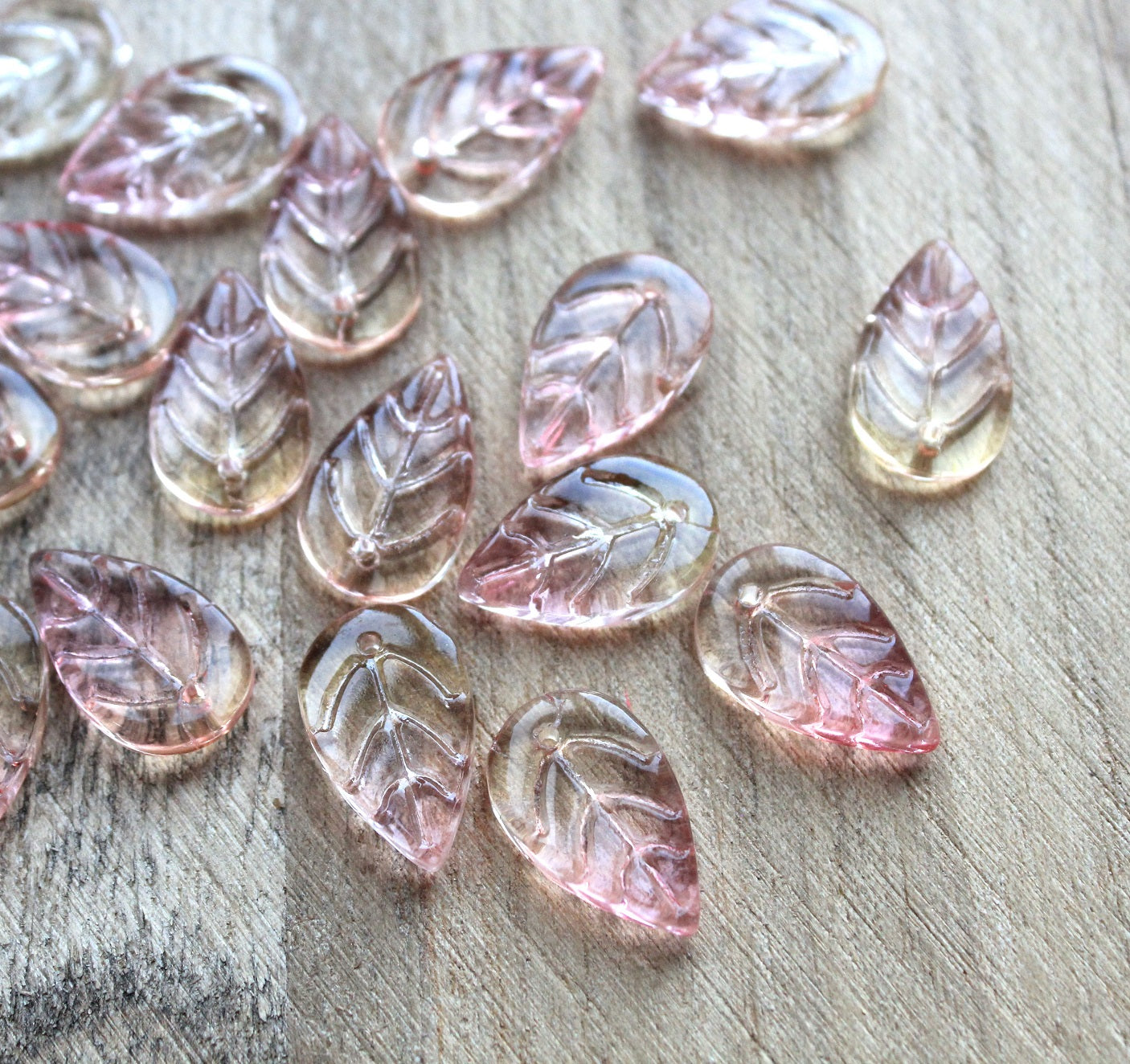 The Bead Store 18x11mm Lampwork Glass Leaf Shaped Charms Pink