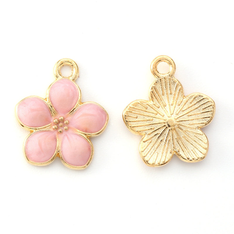 17x14mm Gold Plated Pink Enamel Flower Charms ~ Pack of 2