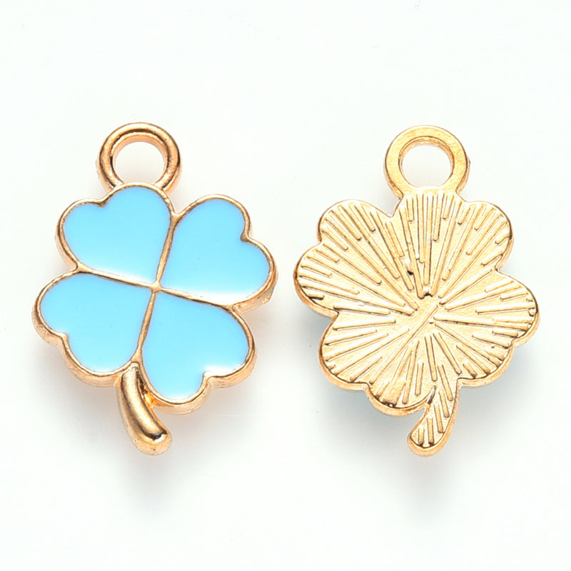18x12mm Gold Plated Lt. Blue Enamel Four Leaf Clover Charms ~ Pack of 2