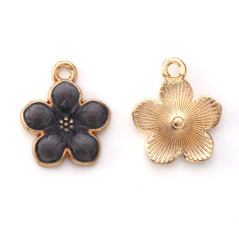 17x14mm Gold Plated Black Enamel Flower Charms ~ Pack of 2
