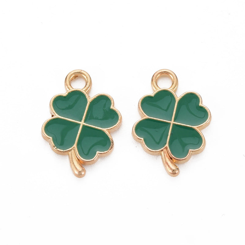 18x12mm Gold Plated Green Enamel Four Leaf Clover Charms ~ Pack of 2