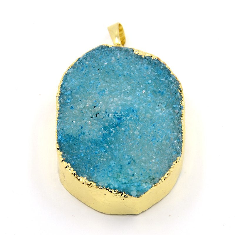 Natural Druzy Agate Stone Pendant ~ Irregular Shape ~ Gold Plated ~ Blue