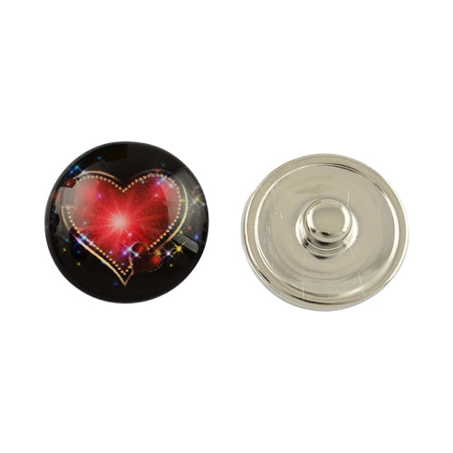 Heart Print Glass Snap Button ~ 18mm ~ Black