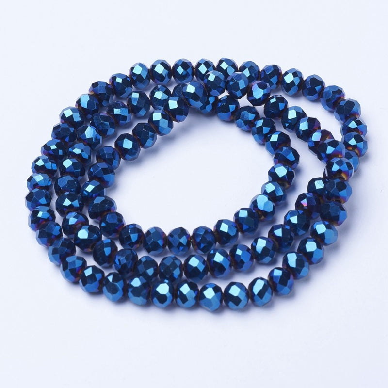 1 Strand of 8x6mm Electroplated Faceted Glass Rondelle Beads ~ Blue Plated ~ approx. 65 beads