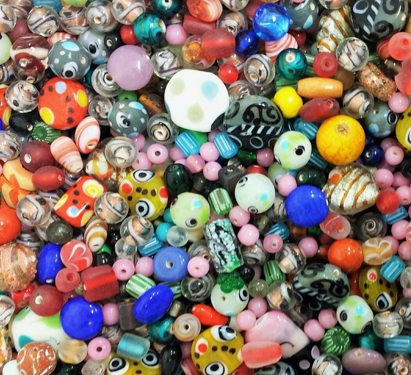 100g of Mixed Size, Colour and Style Handmade Indian Glass Beads