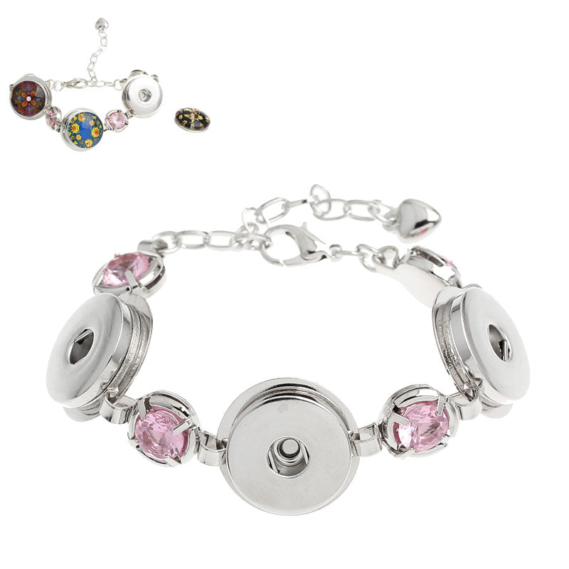 Silver Tone Snap Button Bracelet with Pink Rhinestones ~ Fits 18mm-20mm Snap Buttons