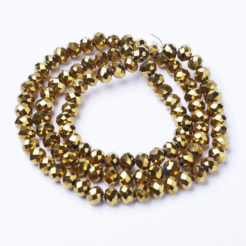 1 Strand of 8x6mm Electroplated Faceted Glass Rondelle Beads ~ Gold Plated ~ approx. 65 beads