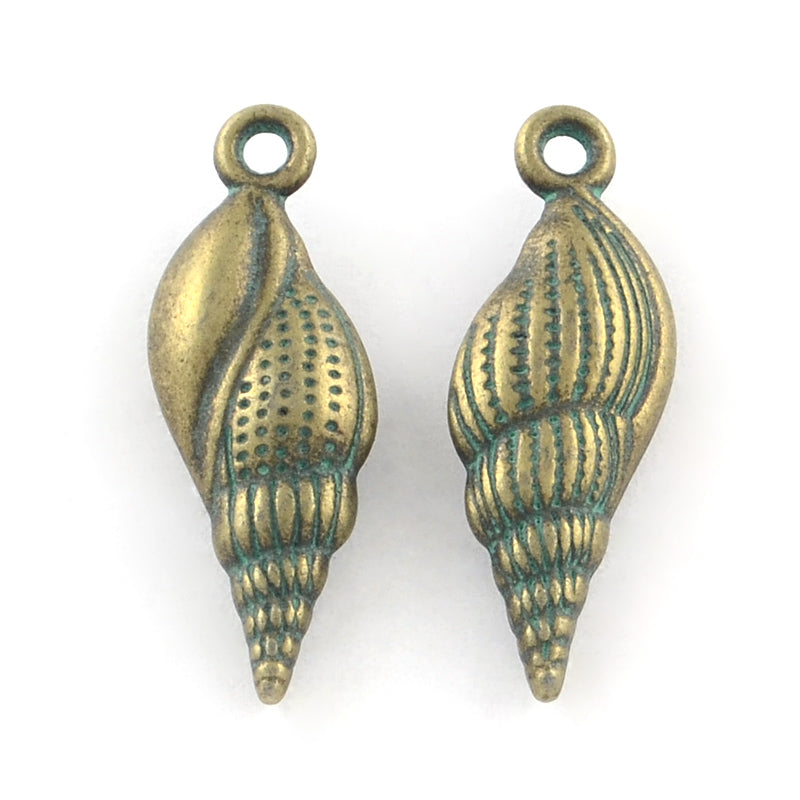 24x8mm Antique Bronze and Green Patina Spindle Shell Charm