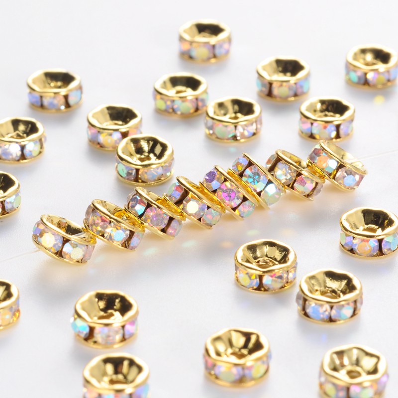 6x3mm Gold Plated Brass A Grade Rhinestone Rondelle Spacers ~ Crystal AB ~ Pack of 10